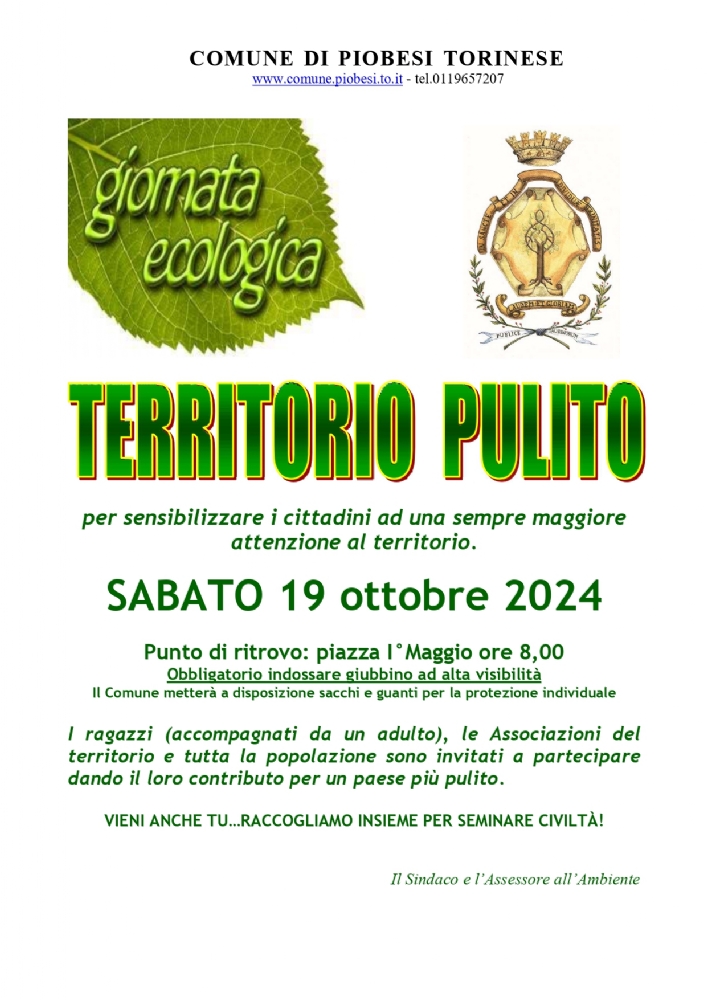 PIOBESI - Il Comune invita tutti i cittadini a partecipare all'iniziativa «Territorio Pulito»